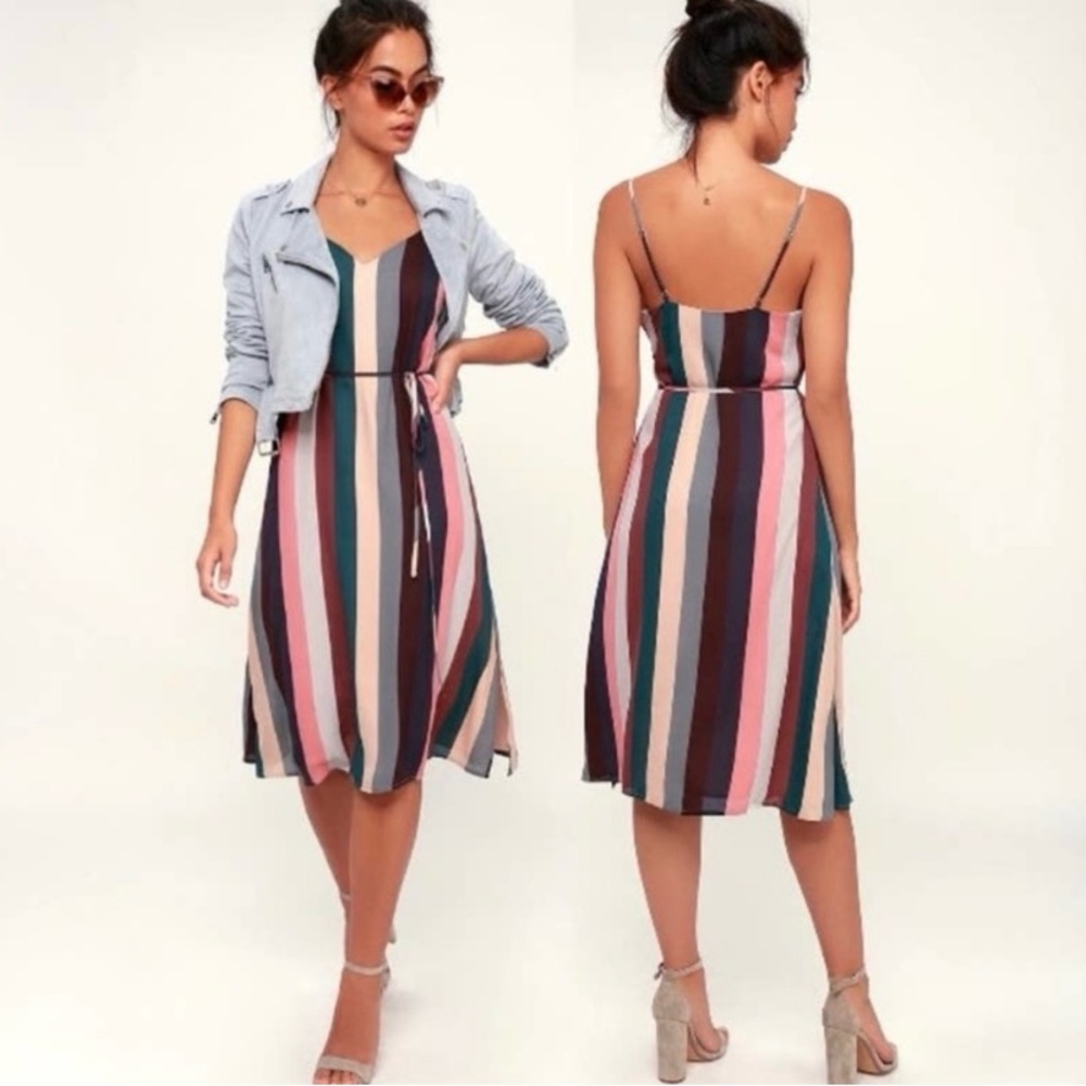 LULUS • Women’s Erina Mauve Multi Stripe Waist Belt Tie Midi Slip Dress Size S